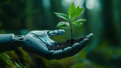 A robot hand holding a plant