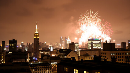 Naklejka premium A city skyline at night with fireworks in the sky