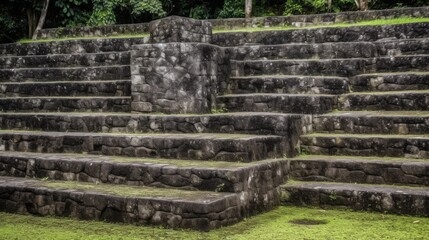 Ancient stone steps in a lush green setting, possibly for ceremonial or gathering purposes.