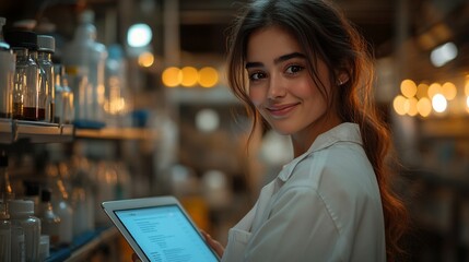 Fototapeta premium an Indian woman uses a tablet to smile at the medical data on healthcare and pharmaceutical advancements, engaging with technology and checking her emails.
