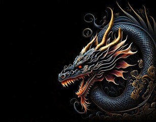 Fototapeta premium Chinese dragon on a black background. Generative AI Illistration of ancient asian dragon on black background. Dragons background. Place for text.