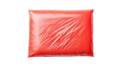 Bright Red Pillow in Plastic Packaging on a White Background