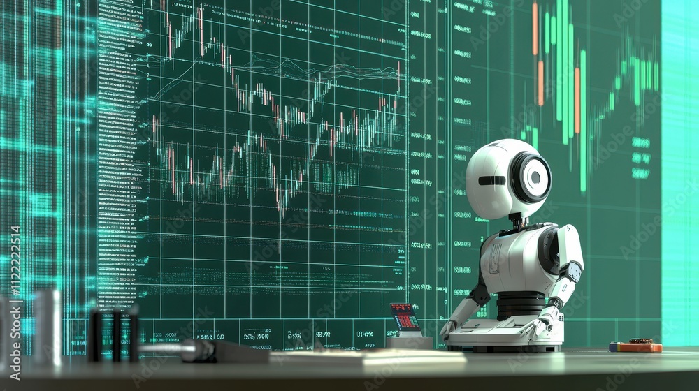 Aufkleber exploring financial markets with an intelligent trading robot in a futuristic analysis environment