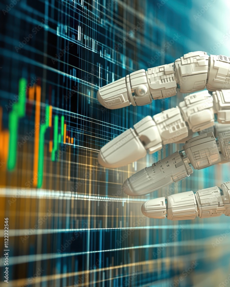 Poster artificial intelligence robot analyzing trading market trends for financial success