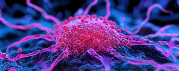 A vibrant, microscopic view of a cancer cell with pink and purple filaments, showcasing its intricate structure against a dark background.