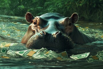 Fototapeta premium Hippopotamus submerged, money floating around it.