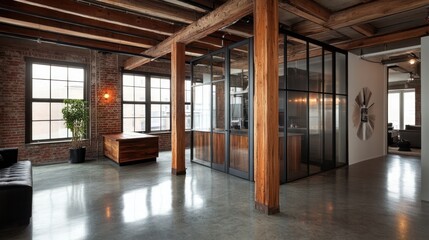 Fototapeta premium Modern office space with exposed beams, brick walls, and large windows.