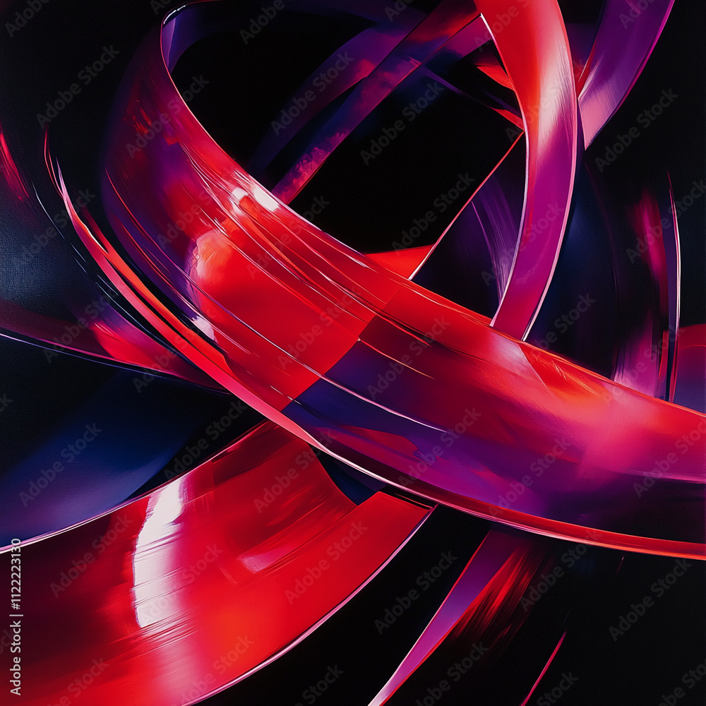 Poster Dynamic swirls of red and purple colors create an abstract composition on a dark background