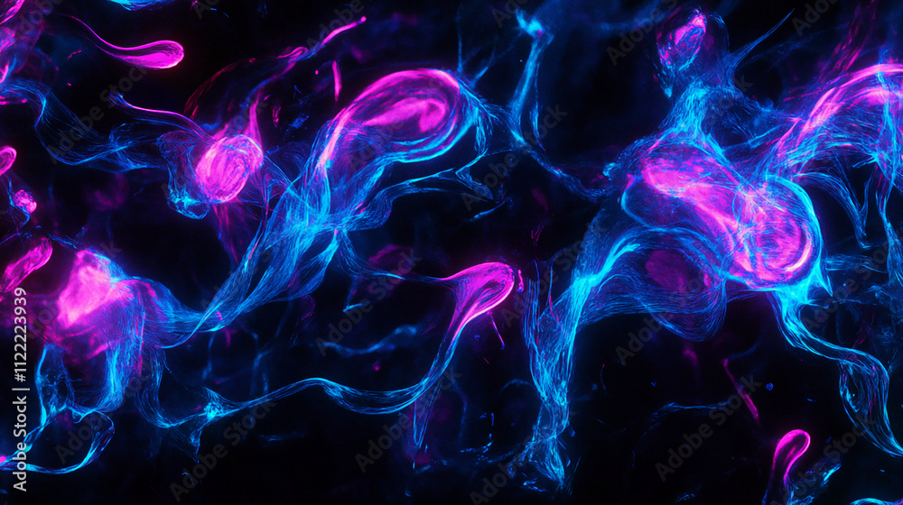 Poster Vivid abstract patterns of blue and pink swirling in a dark background showcase dynamic motion and energy. Abstract art illustration