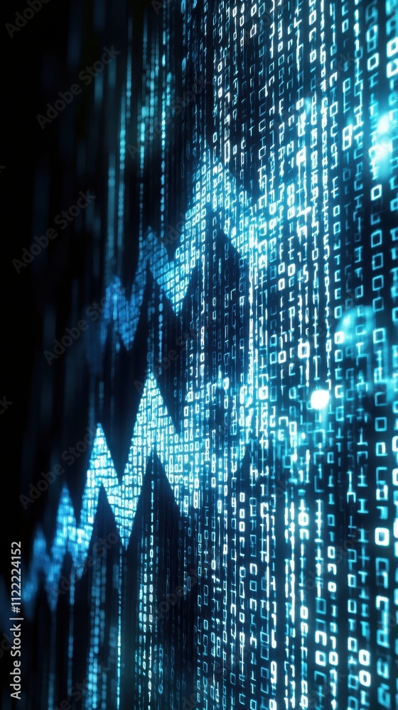Aufkleber Growth and Progress Represented by Upward Arrows Amidst Blue Binary Code in a Digital Realm