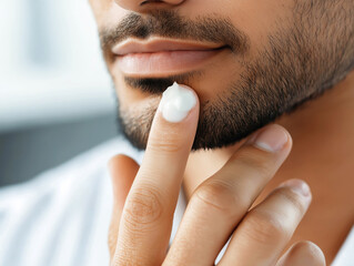 Close-up of a man applying skincare cream to his beard