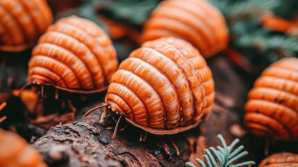Close-up of orange, segmented creatures on a log surrounded by greenery.