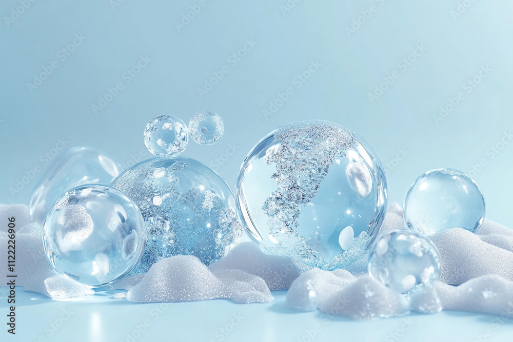 Aufkleber bubbles resting on a soft surface with a light blue background creating a serene ambiance