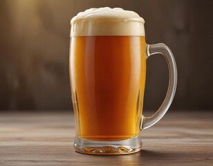 A perfectly poured glass of golden brown beer with a thick creamy head and a delicate ring around the edge , beer, beverage, dim lighting