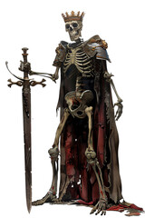 Fototapeta premium A regal skeleton figure wearing a crown and armor, holding a sword, exuding an air of authority and mystery.