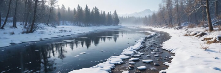 Icy riverbank with a snow-covered path leading along the water's edge, frosty morning, snow-encrusted rocks