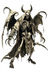 Obraz premium A menacing figure clad in tattered robes, featuring skeletal features, large wings, and a hood, embodying a dark, supernatural presence.