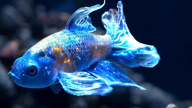 A fish with a blue body and orange fins is swimming in a dark blue ocean. The fish is surrounded by a glowing light that makes it look like it's glowing from within. The image has a dreamy