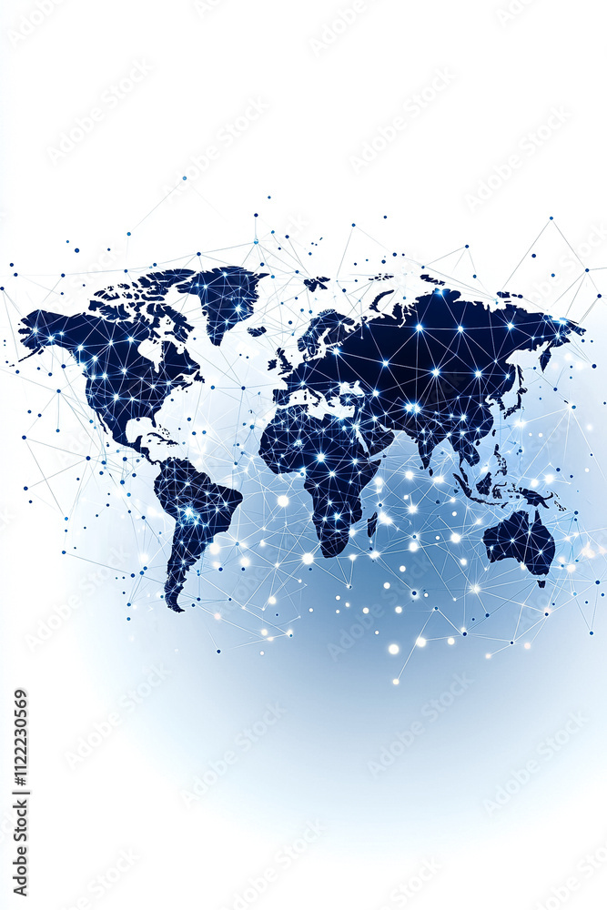 Poster a minimalist world map with dots and lines highlights global connections and networks