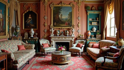 Obraz premium Luxurious vintage room with ornate walls, portrait painting, red chairs, fireplace, and elegant decor. Generative, AI,
