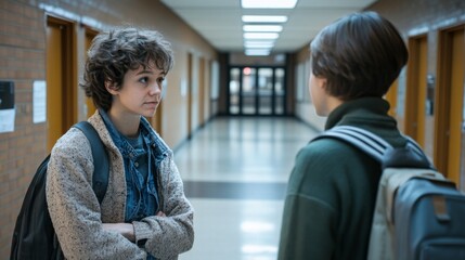 Obraz premium Teenagers in a school hallway: A tense encounter