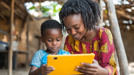 Obraz premium Mother and Child Learning Together with a Tablet