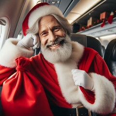 Portrait of smiling Santa Claus in luxurious cabin of his plane. Santa flies for Christmas holidays. 