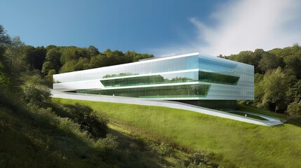 Modern architectural structure set against a lush green landscape.