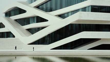 Modern architectural structure with dynamic lines and reflections in water.