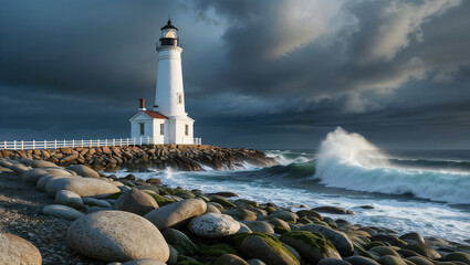 Beauty Lighthouse on rocky shore with dramatic storm clouds