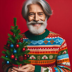 Portrait of happy smiling Santa Claus in knitted sweater on red background. 