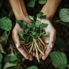 a person holding an ashwagandha plant and is surrounded by the plant
