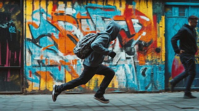 Urban Escape: A Man Running Through a Graffiti-Covered Alley