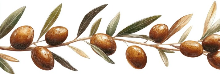 Olives Adorned With Lush Green Leaves Create a Vibrant Natural Tapestry on a White Background