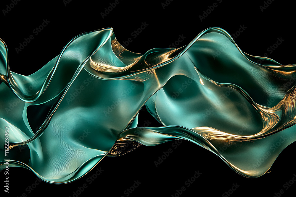 Poster abstract flowing fabric in vibrant teal with golden highlights against a black background creates a 