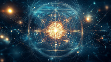 A glowing, golden orb at the center of a complex, geometric energy field. Surrounding it are swirling nebulae and distant stars, creating a mystical, cosmic scene.