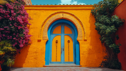 Naklejka premium Vibrant orange walls and blue door entrance. A vibrant orange wall with a striking blue door showcases unique architectural design surrounded by lush greenery.