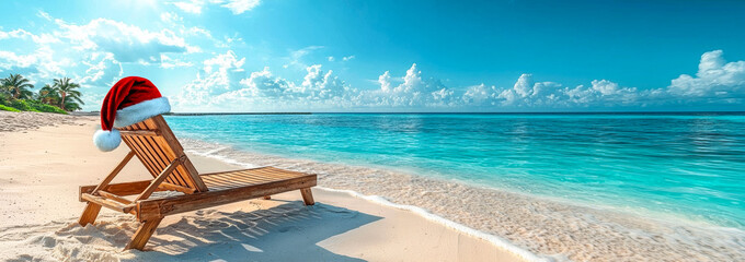 Obraz premium Tropical beach chair with Christmas hat on sand. A wooden beach chair sits on a sandy shore, adorned with a Santa hat, against a bright blue ocean and sky.