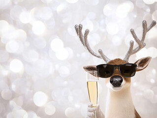 Festive Reindeer wearing sunglasses holds a glass of champagne Cheers to the Holidays Happy New Year, set against a glowing silver bokeh background