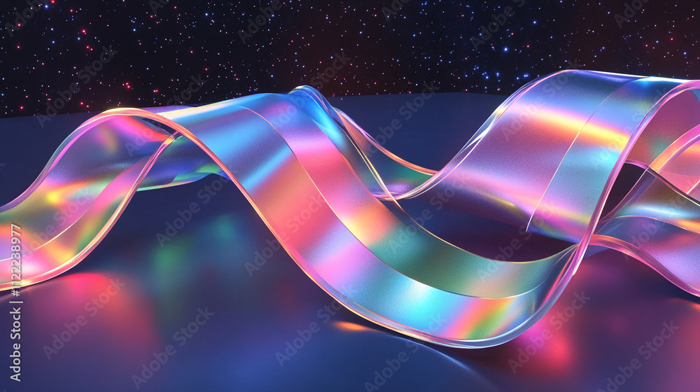 Poster Colorful translucent ribbons create a vibrant display in a starry cosmic setting at night. Abstract art illustration