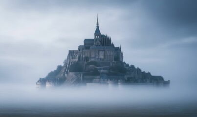 Naklejka premium Stone castle, foggy island, tranquil sea.