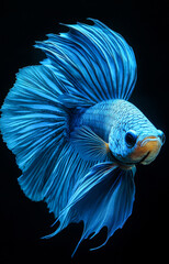 Fototapeta premium Graceful blue betta fish swimming. A vibrant blue betta fish displays its flowing fins while swimming through clear water.