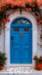 Blue door framed by blooming flowers. A stunning blue door surrounded by blooming flowers showcases Mediterranean charm and vibrant colors on a sunny day.