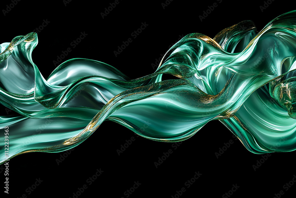 Poster Abstract glass design with flowing green and gold patterns on a black background. Abstract art illustration