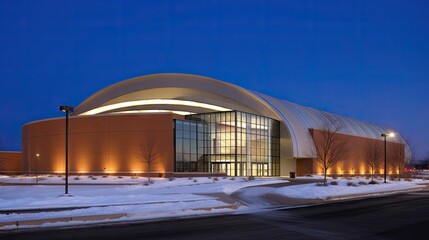 Modern sports facility illuminated at dusk, surrounded by snow.