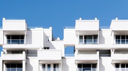 Modern white apartment building with balconies against a clear blue sky.