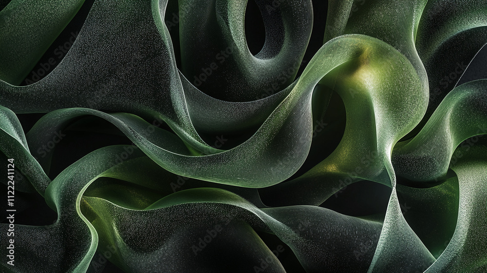 Aufkleber Soft green fabric creating swirling patterns illuminated by gentle light in a dark background. Abstract art illustration