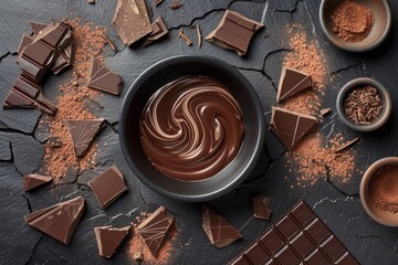 Melting dark chocolate, cocoa powder, chocolate pieces, ceramic bowl on dark background, dessert ingredients concept