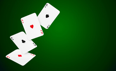 Four aces in air on green gradient background. Poker and other card games. Banner design with space for text