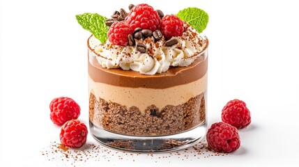 Delicious layered dessert featuring chocolate mousse, whipped cream, and fresh raspberries, garnished with mint leaves for a refreshing touch.